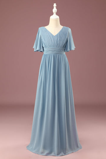 A-line Chiffon V-Neck Floor Length Short Sleeves Junior Bridesmaid Dress